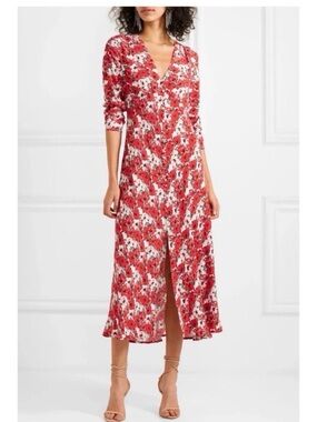 RIXO Katie Red Floral V-Neck Midi Dress